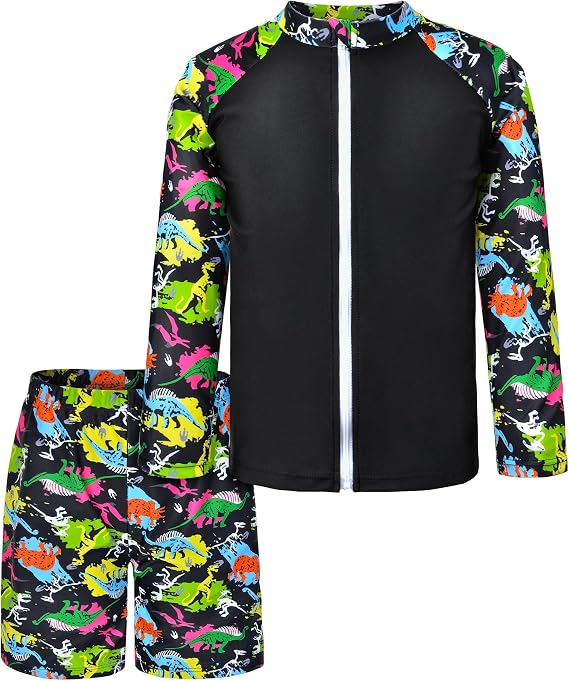 Boys Two Piece Rash Guard Swimsuits Long Sleeve Zipper Swim Shirt and Trunks Bathing Suit Swimwear Set