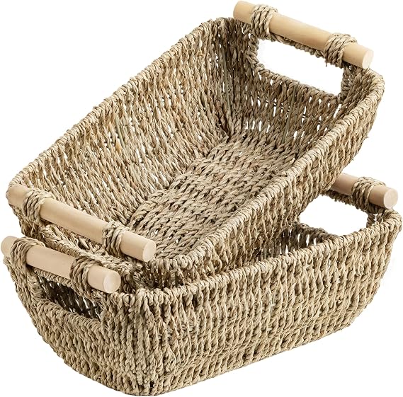 StorageWorks Wicker Storage Baskets for Shelves, Seagrass Shelf Storage Basket, Woven Box Organiser with Wooden Handles, Small Narrow Baskets for Shelves for Organising, Natural Seagrass, 2-Pack
