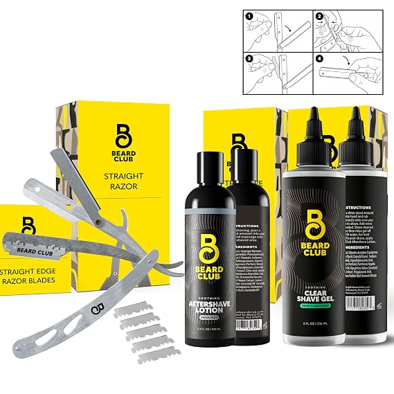 Beard Club Straight Razor for Men, Shaving Gel & Aftershave for Men Hydrating Mens Shave Cream, Soothing After Shave Lotion & Navajas Para Barbero - Barber Straight Edge Razor Kit - Gift Kit
