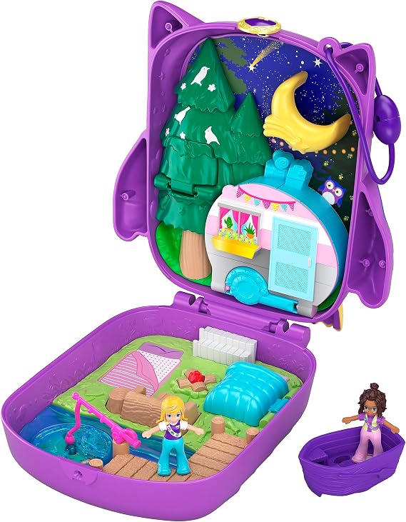 Polly Pocket Pocket World Owlnite Campsite Compact with Fun Reveals, Micro Polly and Shani Dolls, Boat and Sticker Sheet; For Ages 4 and Up, GKJ47