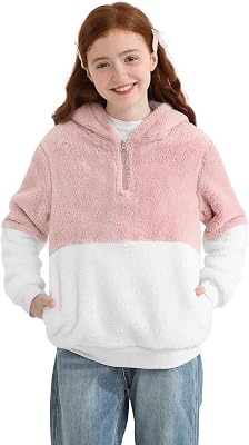 Girls 14 Zip Up Fuzzy Fleece Pullover Hoodies Casual Loose Sweatshirt with Pockets Sherpa Hooded Outwear Coat