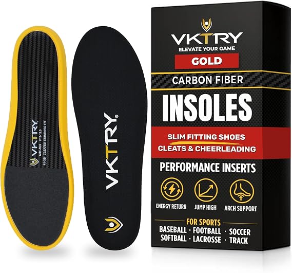 VKTRY Performance Insoles - Gold VKs for Cleated Sports - Carbon Fiber Shock Absorbing Shoe Insoles - Football, Baseball/Softball, Lacrosse, Cycling, Rugby, and More, Weight 121-170 Lbs, US: Men