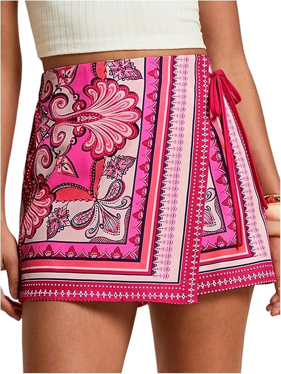 SweatyRocks Women's Boho Mini Skirts Floral Shorts Tie Side Wrap Skorts