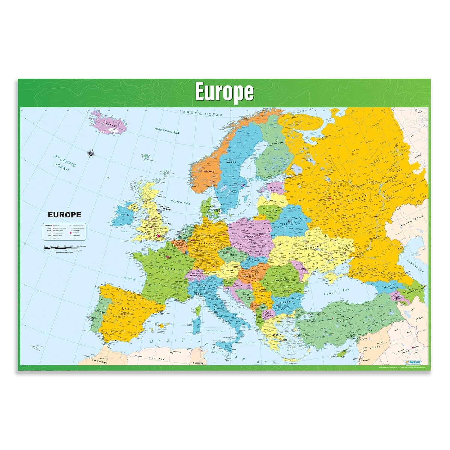 Daydream Education Europe Map Poster, Gloss Paper Extra Large A1 (594 mm x 850 mm) - Geography Wall Chart for Classroom & Home