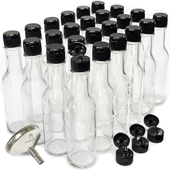 nicebottles ホットソースボトル 5オンス 24個パック フリップトップキャップ付き ステンレススチール漏斗と予備フリップトップキャップ3個付き