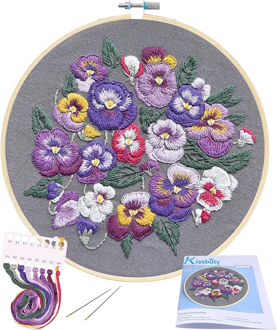 KISSBUTY Full Range of Embroidery Kit with Pattern, Cross Stitch Kit Including Embroidery Fabric with Floral Pattern, Bamboo Embroidery Hoop, Color Threads and Tools Kit (Viola Cornuta Flowers)