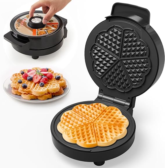 Heart Electric Waffle Iron: Belgian Waffle Maker with Temperature Control Knob, Waffle Machine with Nonstick Plates Easy Clean, Breakfast Maker for Kids and Families, Stainless Steel