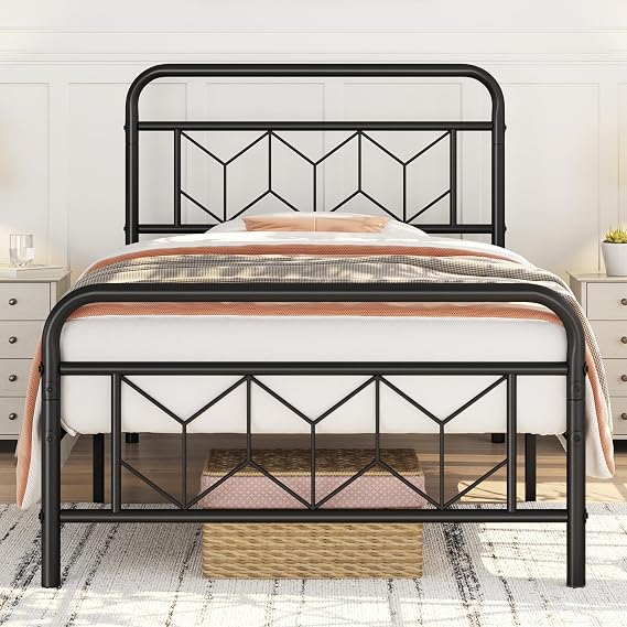 Yaheetech 3ft Single Metal Bed Frame Diamond Pattern Headboard, Black | 90 x 190 cm, 204kg weight capacity, 32cm under-bed storage,stable & noise-free, no box spring needed, easy assembly