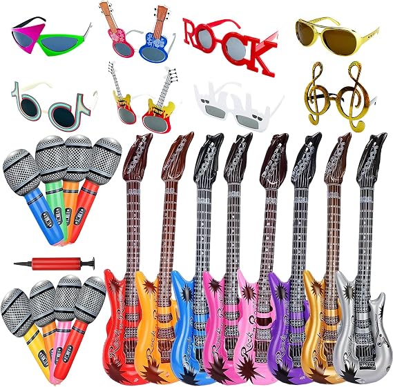 Large Rock Star Funny Sunglasses Set, Rock and Roll Party Funny Music Sunglasses, Inflatable Guitar Microphone for 70s, 80s, 90s, Music Party, Photo Booth Props for Carnival Rock and Roll Parties