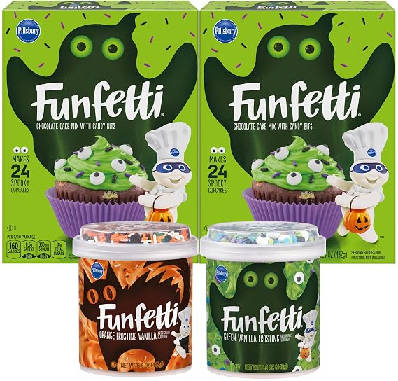 Funfetti Halloween Bundle, 2 Chocolate Cake Mixes, 1 of each Green and Orange Vanilla Frosting