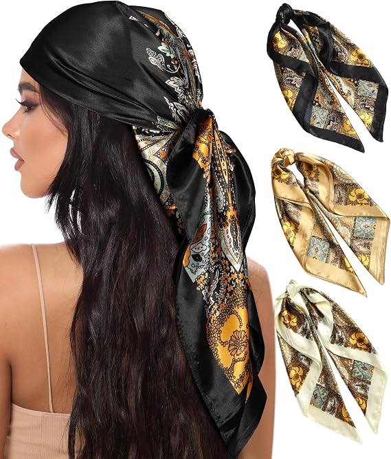 AWAYTR Satin Head Scarf for Women 3 Pcs 35 Inch Hair Scarf Like Silk Scarf