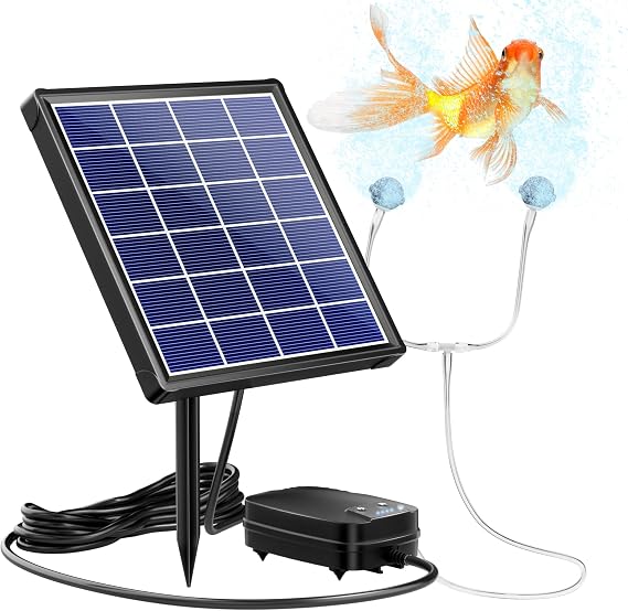 NFESOLAR 3W Solar Pond Aerator with 1800mAh Battery, 3 Modes, 2 Air Stones