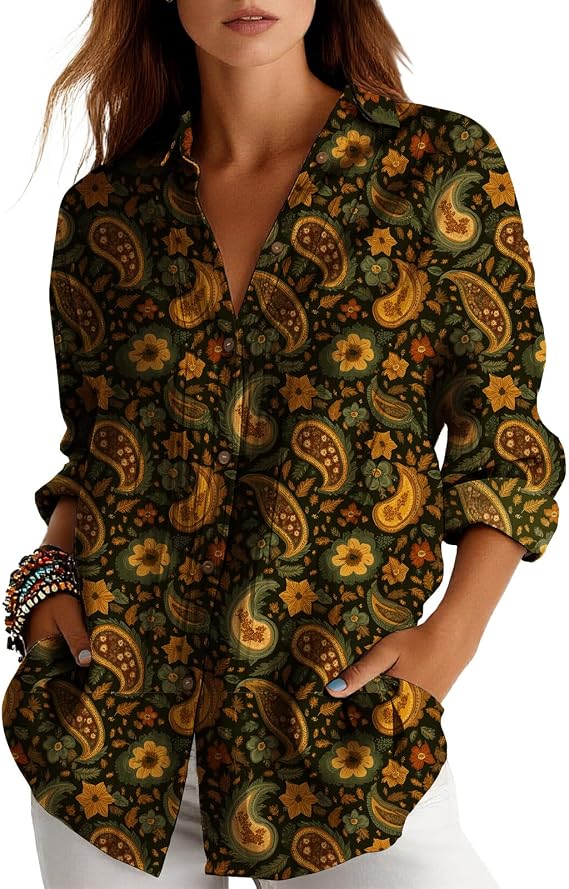 Button Down Shirts for Women 2025 Fall Trendy Long Sleeve V Neck Paisley Blouses Tops Vintage Baggy Floral Shirts