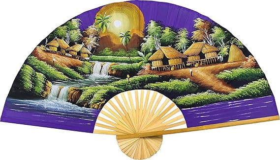 Village Landscape Folding Wall Fan, Purple Moon, 40 inch wide | Hand-painted, Wall Decor Art