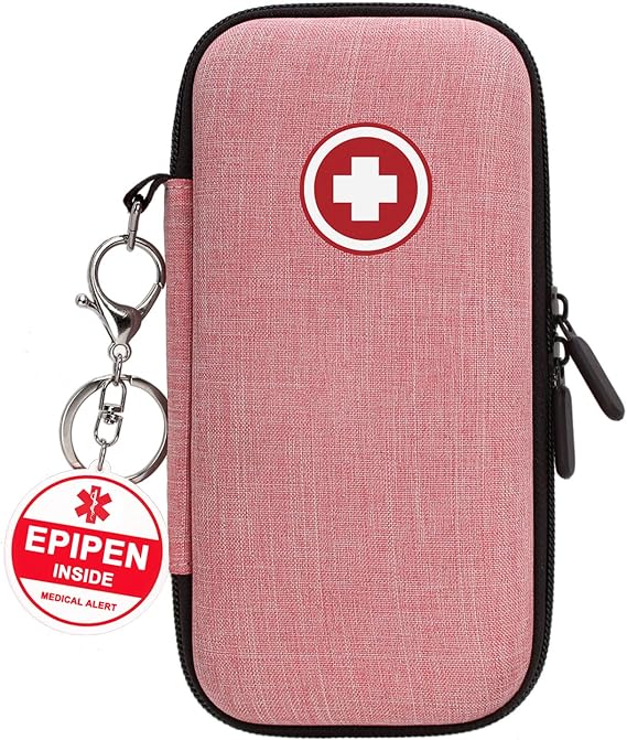 ICIMBI EpiPen Carry Case with Tag, Emergency Medication Organizer Bag Holds 2 EpiPens, Fits Inhaler, Auvi-Q, Anti-Histamine, Allergy Medicine, Travel Medical Pouch - Pink