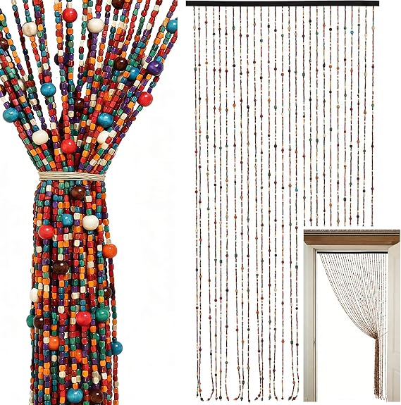 Bamboo Beaded Door Curtain, 27 Strands Boho Door Bead Curtain, Hanging Bamboo Wooden Bead Curtain Retro Handmade for Doors as Decoration & Insect Protection