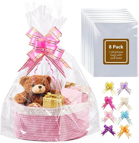 Boensi 8 Pack Extra Large Cellophane Bags with 8 Pull Bows,70x100cm Clear Hampers Bags for Gift Baskets,Halloween, Easter, Christmas Fruit Basket and Gift Packaging