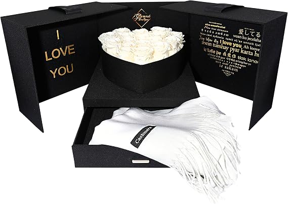 GLAMOUR BOUTIQUE Open Heart Love Box with 16 Preserved Roses - Enchanted Flower, Gifts for Her, Mom, Daughter, 9.45" x 9.45" x 8.6" (White) (Color-Treated)