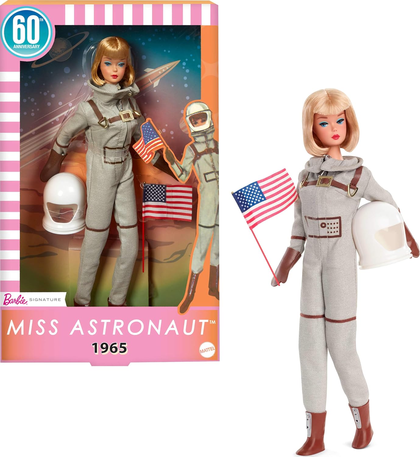 Barbie Silver space suit, space boat and astronaut helmet accessory, suitable for the collection Miss Astronaut Baby, the new design of the classic 1965 doll, JBJ48