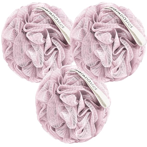MainBasics Shower Loofah Sponge Pouf, Set of 3, Perfectly Pink
