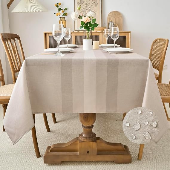 Rectangular Beige Stain Resistant Tablecloth 100 x 140 cm Waterproof Linen Effect Elegant Stain Resistant Outdoor Table Cover for Dining Room, Restaurants, Garden Salon, Kitchen