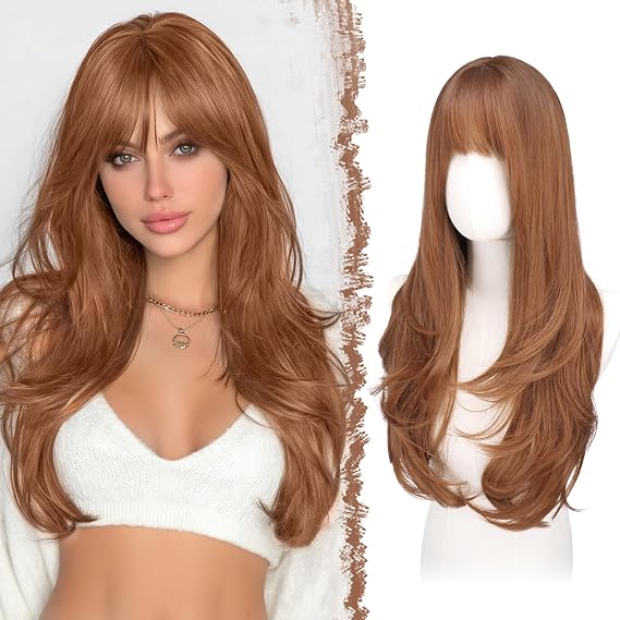 FESHFEN Long Layered Auburn Wig with Bangs Wavy Wigs for Women