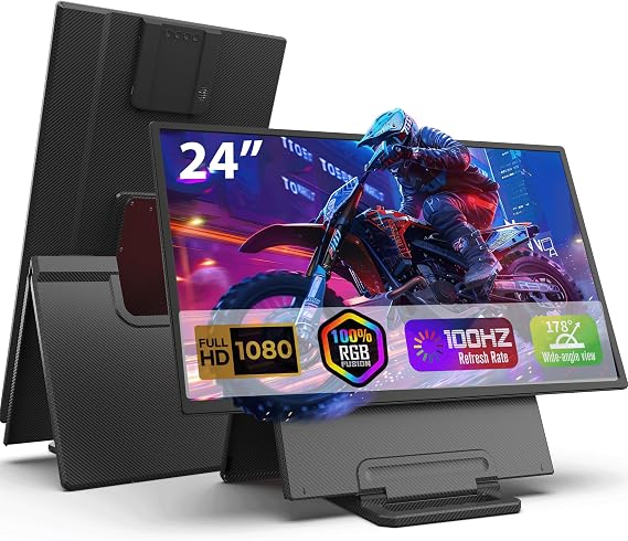 24" Large Portable Monitor, 1080P FHD 100Hz IPS Monitor, Height-Adjustable & Rotatable Screen(Horizontal/Vertical), Built-in Speakers, Requires Wall Outlet, Travel Monitor for Laptop / MacBook / PC