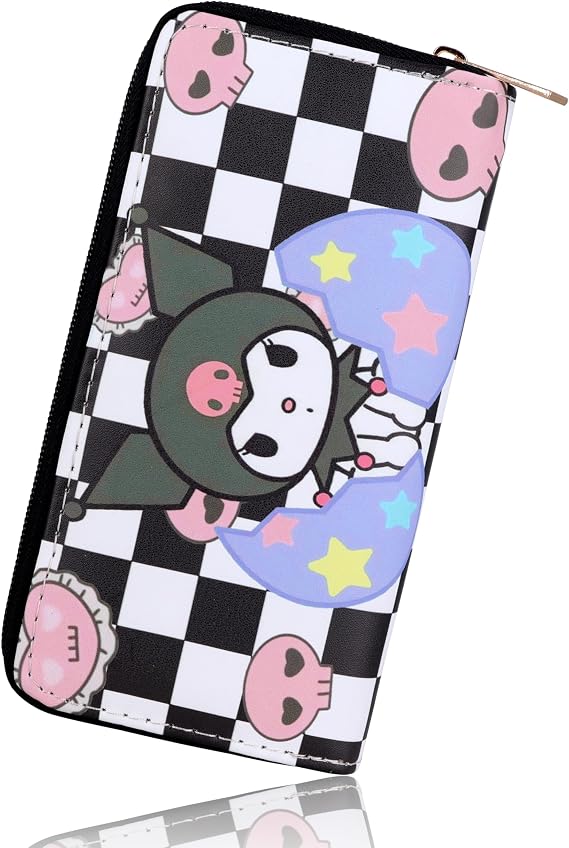 Roffatide Anime Kuromi Wallet Women's Zip Around Clutch Cartoon Long Travel Wallets Faux Leather Purse Passport Phone Card Holder Wallet
