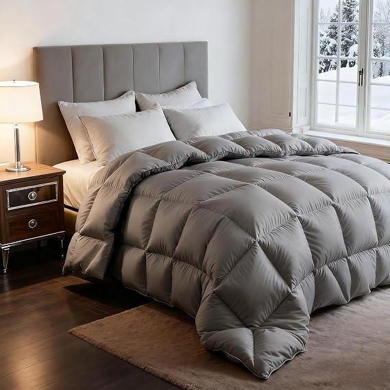 Grey Feather Down Comforter Queen Size,Premium Ultra-Soft Breathable Comforter High Fill Power Duvet Insert,All Season Hotel Luxury Bedding Comforters 8 Corner & Center Loops,Baffle Box Design