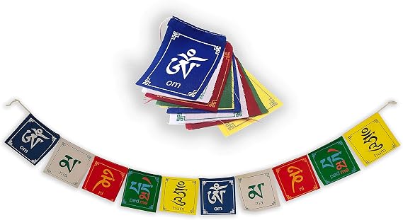 Buddha of Compassion Tibetan Prayer Flags Om Mani Padme Hum Set of 10 Five Tibetan Traditional Colors which are Yellow, Green, red, White and Blue. Each Color Represents an Element.