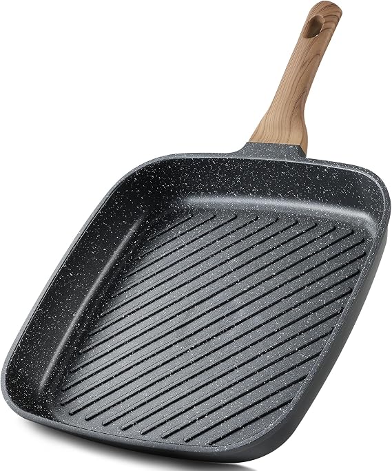 CAROTE 11 Inch Nonstick Grill Pan for Steak, Premium Granite Coating | Square Grill Skillet, Indoor Outdoor RV Camping Use, Gas & Induction Safe, All Stovetops Compatible, PFOA Free, Black