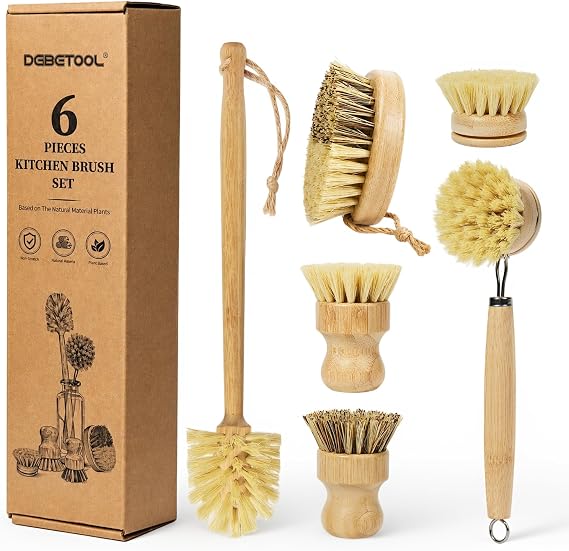 DEBETOOL 6-Piece Bamboo Dish Brush Set with Vegetable Brush | Natural Dish Scrubber for Kitchen Cleaning Pots and Pans, Bamboo Cleaning Brush for Bottles and Vegetables