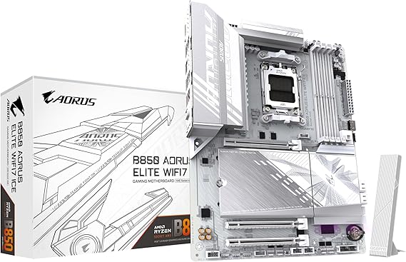 GIGABYTE B850 AORUS Elite WIFI7 Ice Motherboard - AMD Ryzen 9000 Series Processors, 12+2+1 Phase Digital VRM, up to 5200MHz DDR5 (OC), 1xPCIe 5.0 + 2xPCIe 4.0 M.2, LAN 2.5, WiFi 7, USB 3.2 Gen 2x2