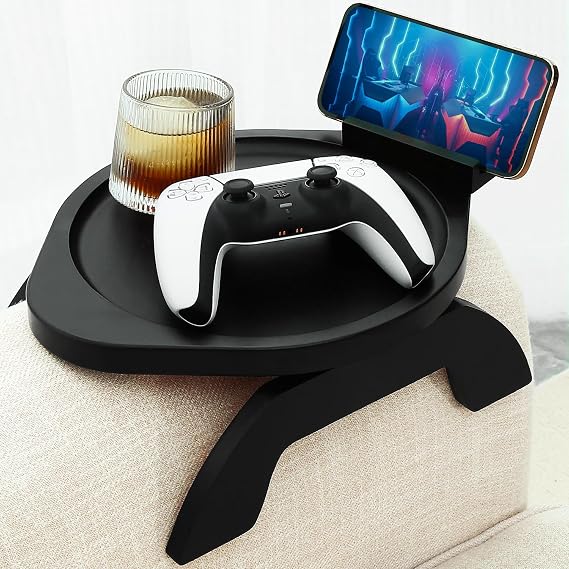Couch Arm Table Tray, Sofa Clip on Tray Tables with 360° Phone Holder, Bamboo Arm Rest Table for Couch, Folding Sofa Armrest Tray for Food, Snacks, Coffee, Remote