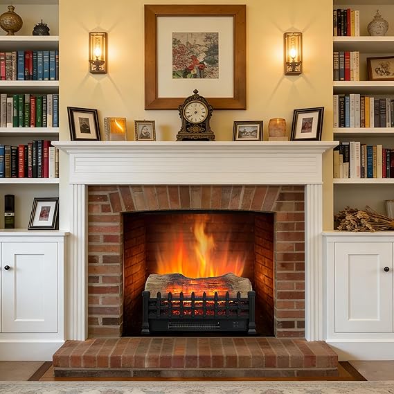 21" Electric Fireplace Log Set, Fireplace Insert with Realistic Flame, Adjustable Flame Brightness, Thermostat, 9H Timer, Remote Control, Overheating Protection, 1400W