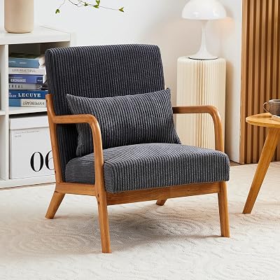 Furniliving Wooden Accent Chair for Living Room, Upholstered Reading Chair with Sturdy Wood Frame,Corduroy Lounge Armchairs for Bedroom, Indoor & Outdoor, Patio Furniture, Darkgrey