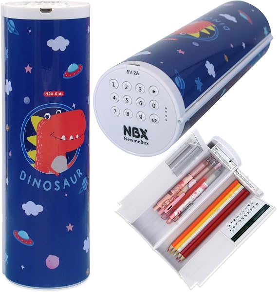 Lockable Pencil Case with Calculator, Standing Cylinder Shape, Multifunctional Password Lock Pen Box, Locking Desk Organizer, Cute Patterns for Girls, Boys, Kids, School Supplies(Dinosaur)