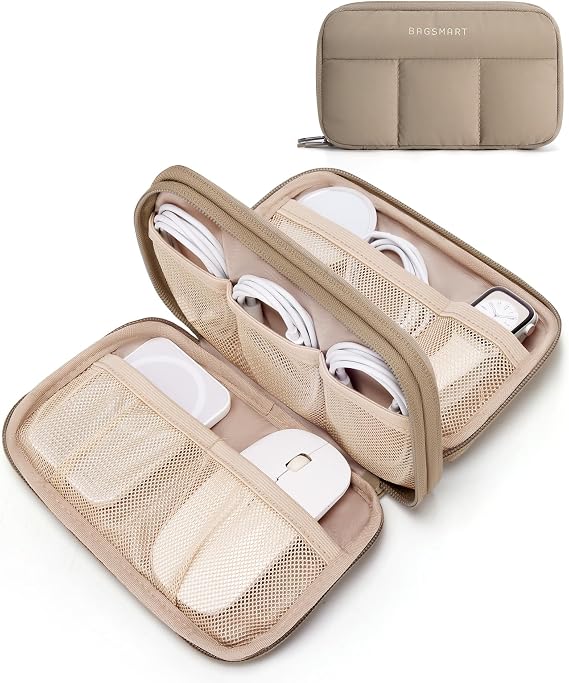 BAGSMART Electronics Organizer Travel Case for Cords Chargers Phones, Khaki | Puffy Padded, Travel Essentials, Cord organizer bag for Cables, Compact Tech Accessories Pouch
