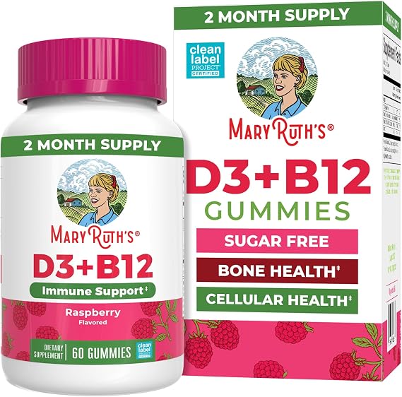 MARYRUTH'S Vitamin D3 + B12 Gummies for Ages 4+, Sugar Free, 60 Servings