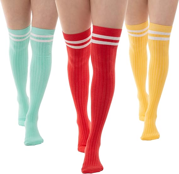 Thigh-High Socks | Womens Striped Cotton Thigh High Tube Sock | Over Knee Boot Socks