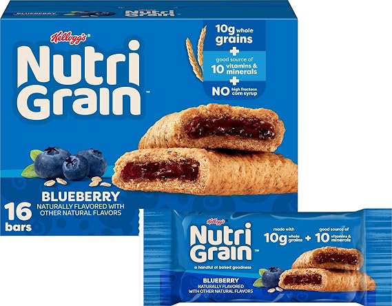 Nutri-Grain Breakfast Bars, Made with 10g Whole Grains, Kids Snacks, Blueberry, 20.8oz Box (16 Bars)