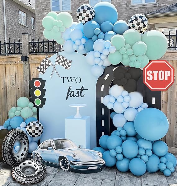 Race Car Blue Balloons Arch Kit,Pastel Dusty Blue Green Balloon garland kit for Two Fast Birthday Baby Shower Party Decorations...