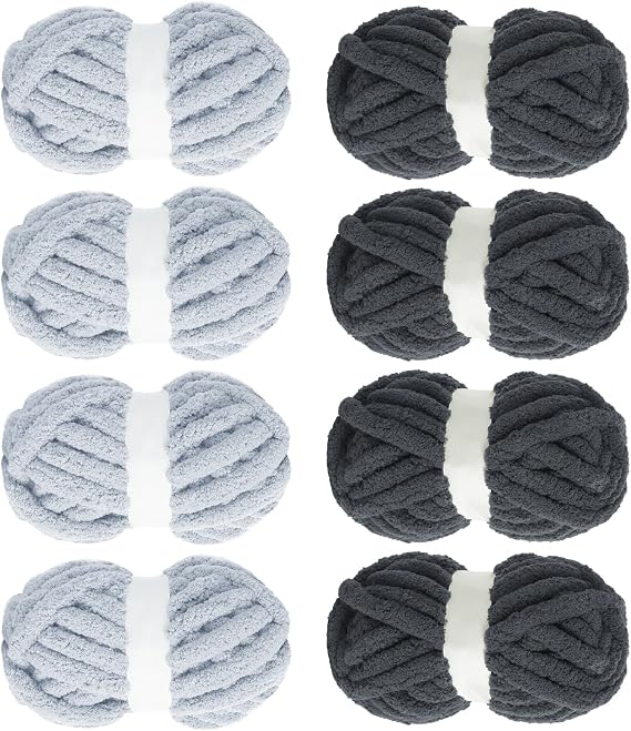 MABOZOO Assorted Chunky Yarn for Hand Knitting 8 Pack, Fluffy Jumbo Chenille Yarn, Soft Plush Yarn Bulky, Giant Thick Fuzzy Yarn for Arm Knitting,4 Dark Grey & 4 Rice Grey(31.7 yds,8 oz Each Skein)