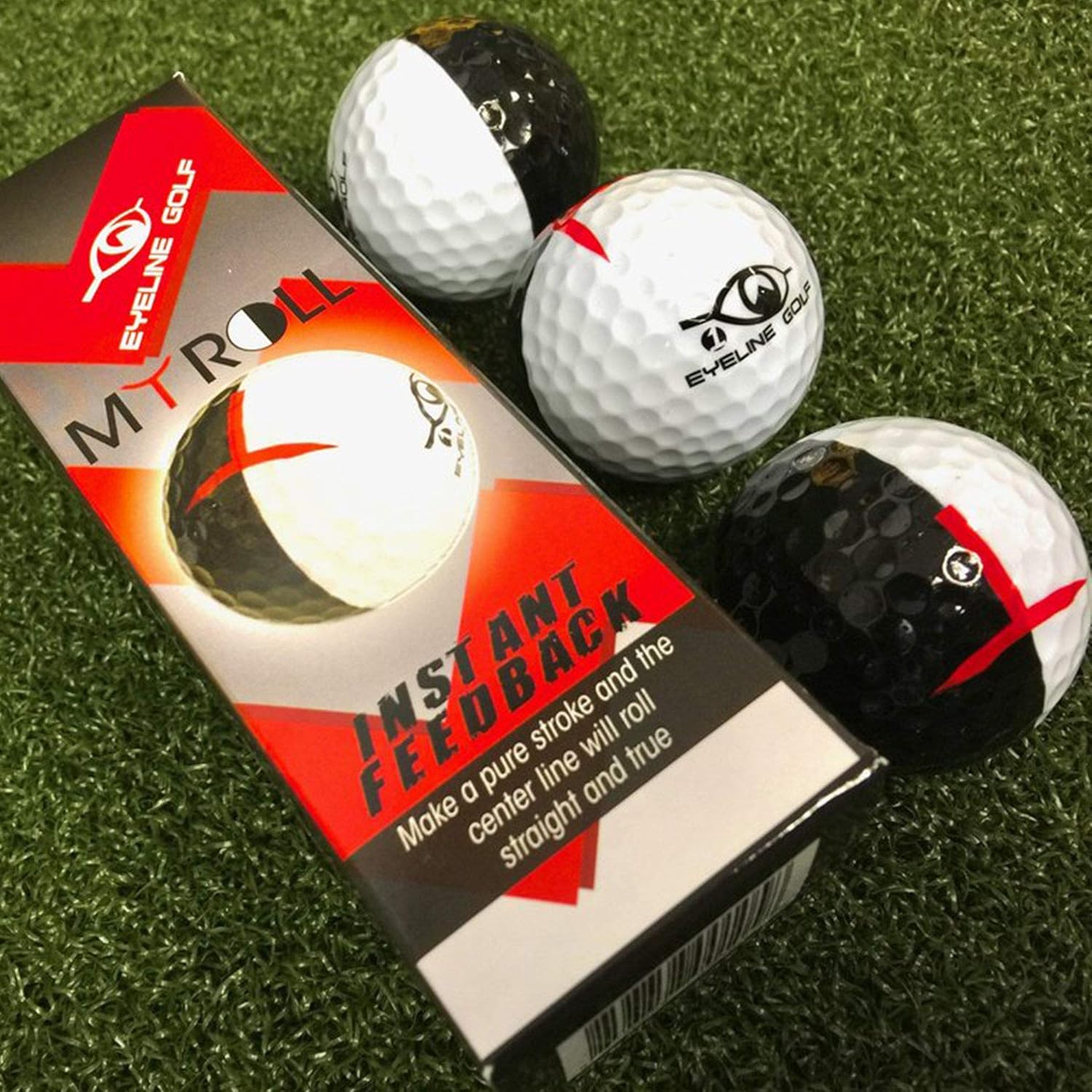 EyeLine Golf Myroll 2-Color Golf Ball - Training Aid for Stroke/Practice Putting. See alignment, perfect or imperfect roll, side spin or top-over-bottom roll. Indoor Outdoor, Pack of 3 (Black/White)