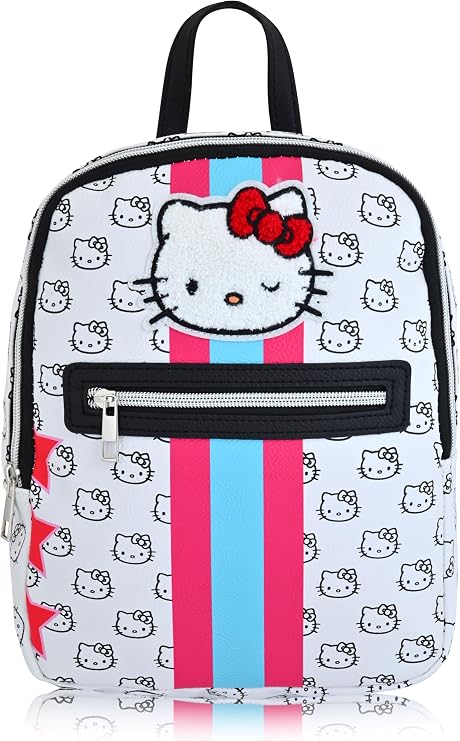 Fast Forward Sanrio Hello Kitty Backpack, Unisex 10" Daypack, HK Pattern, PU Leather, 3 Compartments, Adjustable Padded Straps, 20 Cubic Inches, One Size Fits All