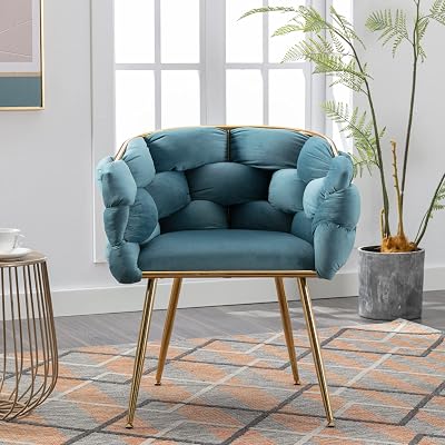 Luxury Modern Accent Chair,Velvet Leisure Chair Single Sofa Upholstered Side Chair Living Room Chairs with Backrest and Gold Metal Legs for Kitchen Vanity Living Room Blue