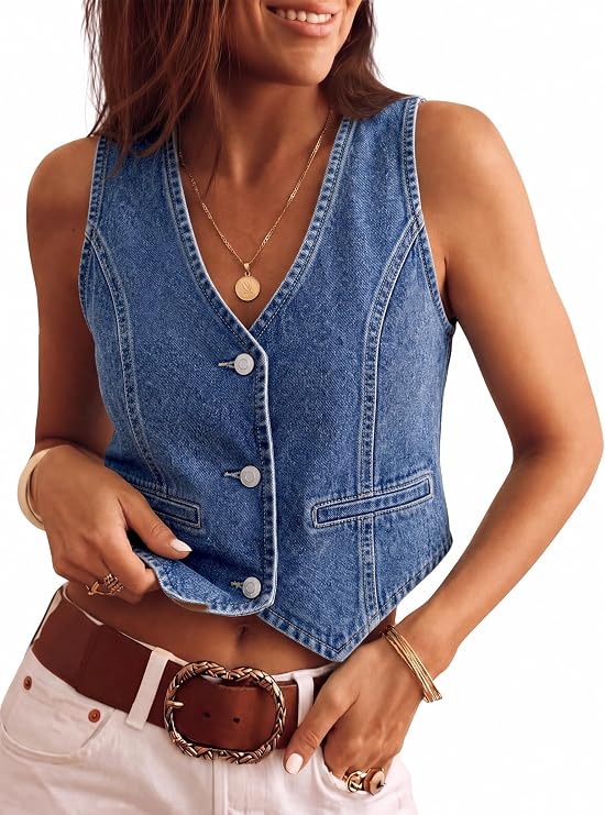 Imily Bela Womens Denim Vest Sleeveless V Neck Button Down Jean Waistcoat Jacket Y2K Summer Crop Tops