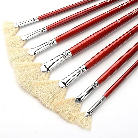 GACDR Fan Brush Set, 7 Hog Bristle Brushes for Acrylic and Oil Painting