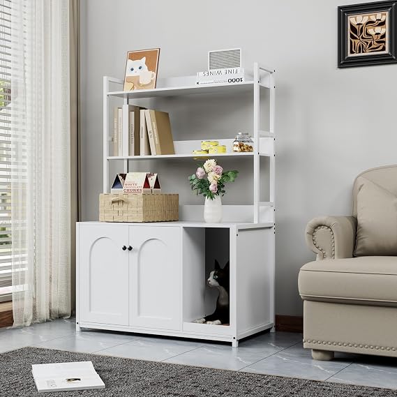 Corner Litter Box Enclosure with Shelves, 52'' Large Cats Hidden Furniture for Most of Litter Box, Wood Enclosed Kitty Cat Cabinet with Scratch Mat White