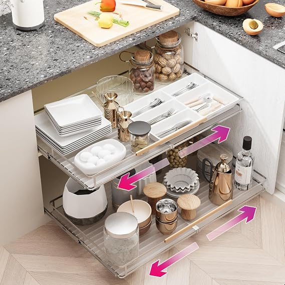 SUZLON Pull Out Cabinet Organizer, Expandable(20.9''~37.9'') Cabinet Drawers Slide Out, Adjustable Width Roll 0ut Shelf Cabinet Organizer for Kitchen Base Cabinet Organization (X-Large, 1Pack)